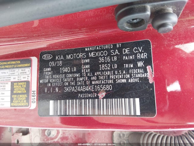 2019 Kia Rio S მანქანა იყიდება აუქციონზე, vin: 3KPA24AB4KE165680, აუქციონის ნომერი: 45595971