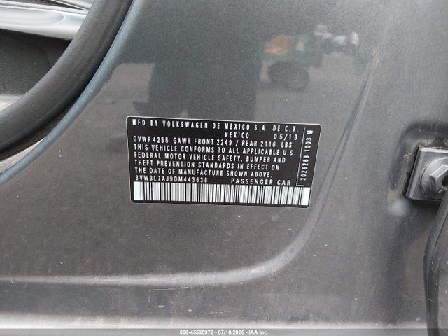 2013 Volkswagen Jetta 2.0l Tdi მანქანა იყიდება აუქციონზე, vin: 3VW3L7AJ9DM443638, აუქციონის ნომერი: 45595972