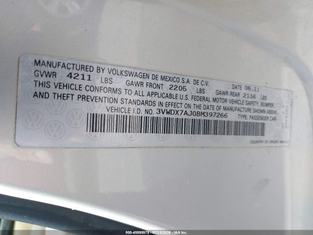 Продаж на аукціоні авто 2011 Volkswagen Jetta 2.5l Se, vin: 3VWDX7AJ0BM397266, номер лоту: 45595975