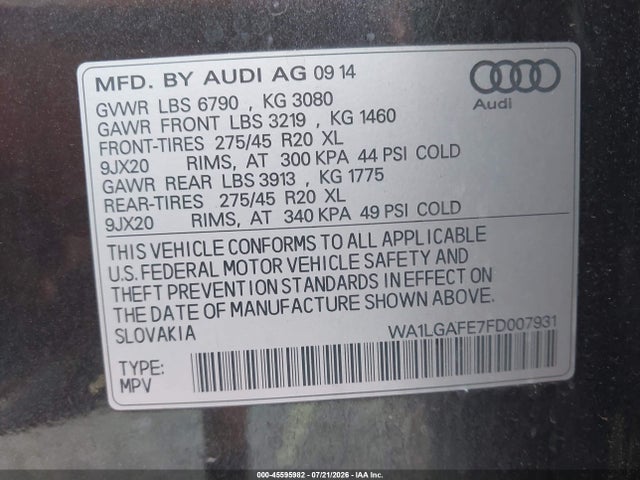 45595982 :رقم المزاد ، WA1LGAFE7FD007931 vin ، 2015 Audi Q7 3.0t Premium مزاد بيع