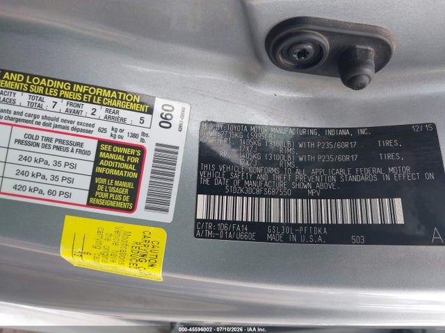 Продаж на аукціоні авто 2015 Toyota Sienna L 7 Passenger, vin: 5TDZK3DC8FS687550, номер лоту: 45596002