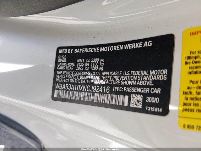 45596007 :رقم المزاد ، WBA53AT0XNCJ92416 vin ، 2022 Bmw M440i مزاد بيع