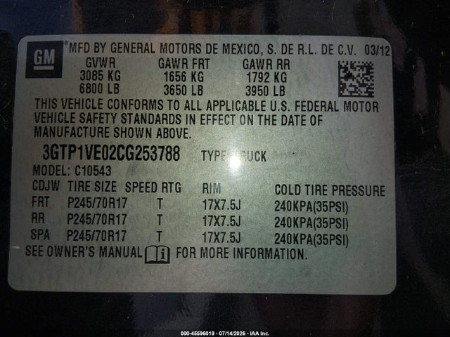 Aukcja sprzedaży 2012 Gmc Sierra 1500 Sle, vin: 3GTP1VE02CG253788, numer aukcji: 45596019