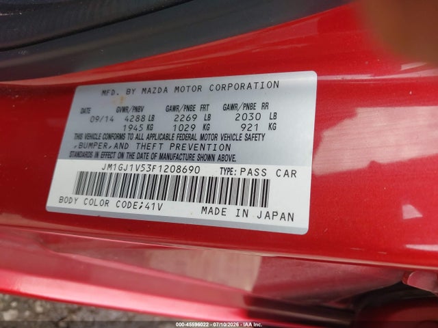 2015 Mazda Mazda6 I Touring მანქანა იყიდება აუქციონზე, vin: JM1GJ1V53F1208690, აუქციონის ნომერი: 45596022