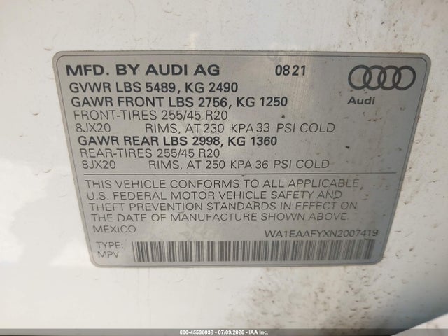 WA1EAAFYXN2007419 Audi Q5 Premium Plus 45 Tfsi S Line Quattro S Tronic