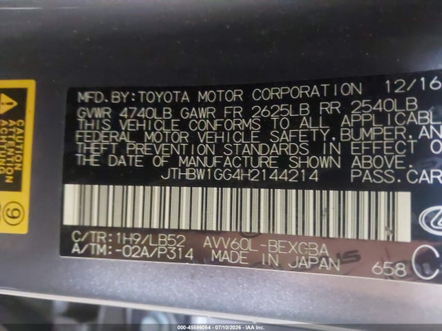 45596054 :رقم المزاد ، JTHBW1GG4H2144214 vin ، 2017 Lexus Es 300h مزاد بيع