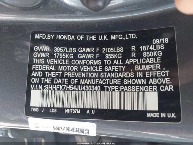 Honda CIVIC EX 2018 SHHFK7H54JU430340 Image 9