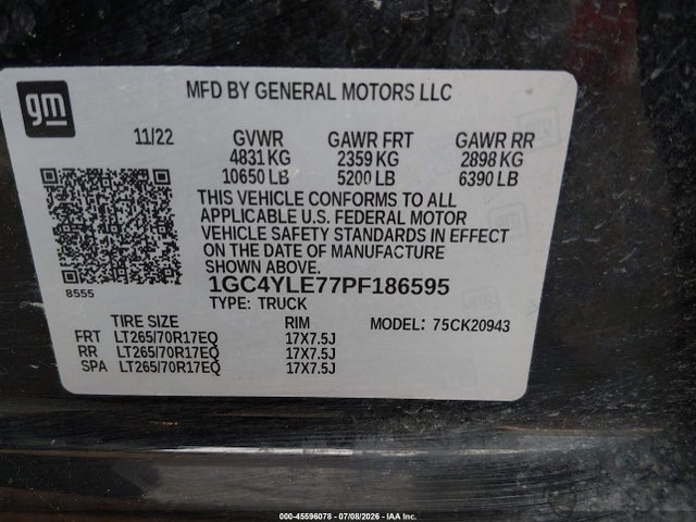 1GC4YLE77PF186595 Chevrolet Silverado 2500hd 4wd Long Bed Wt