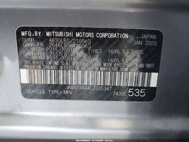 Продаж на аукціоні авто 2020 Mitsubishi Eclipse Cross Es 1.5t Awc, vin: JA4AT3AA4LZ035347, номер лоту: 45596083