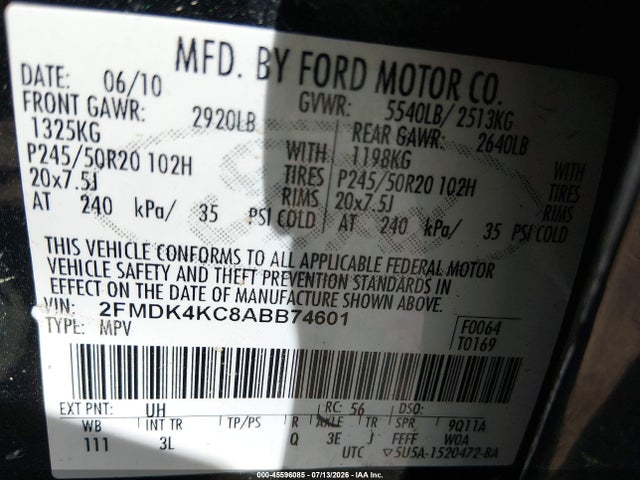 Продаж на аукціоні авто 2010 Ford Edge Limited, vin: 2FMDK4KC8ABB74601, номер лоту: 45596085