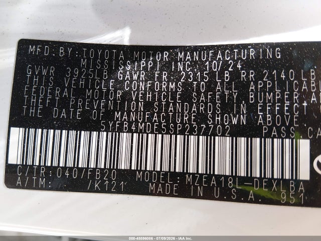 45596086 :رقم المزاد ، 5YFB4MDE5SP237702 vin ، 2025 Toyota Corolla Le مزاد بيع