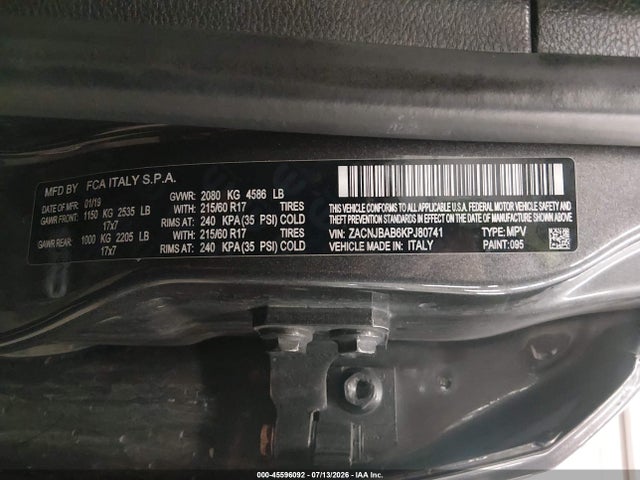 45596092 :رقم المزاد ، ZACNJBAB6KPJ80741 vin ، 2019 Jeep Renegade Sport 4x4 مزاد بيع
