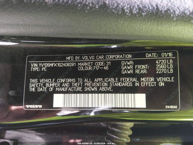 Aukcja sprzedaży 2016 Volvo S60 T5 Drive-e Premier, vin: YV126MFK1G2408281, numer aukcji: 45596110