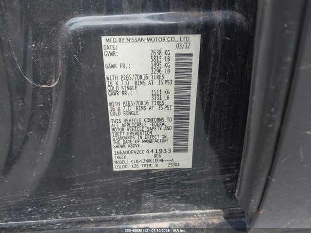 45596112 :رقم المزاد ، 1N6AD0FV2CC441933 vin ، 2012 Nissan Frontier Sv مزاد بيع