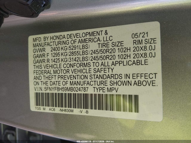 2021 Honda Passport Awd Ex-l მანქანა იყიდება აუქციონზე, vin: 5FNYF8H59MB024787, აუქციონის ნომერი: 45596119