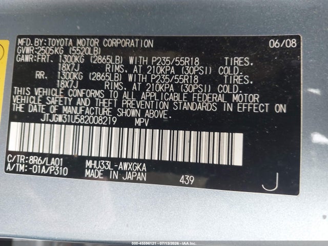 45596121 :رقم المزاد ، JTJGW31U582008219 vin ، 2008 Lexus Rx 400h مزاد بيع