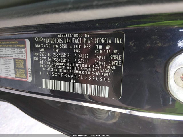 5XYPG4A57LG690999 KIA Sorento 3.3l S