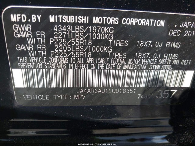 Aukcja sprzedaży 2020 Mitsubishi Outlander Sport 2.0 Be Awc/2.0 Es Awc/2.0 Se Awc/2.0 Sp Awc, vin: JA4AR3AU1LU018351, numer aukcji: 45596182