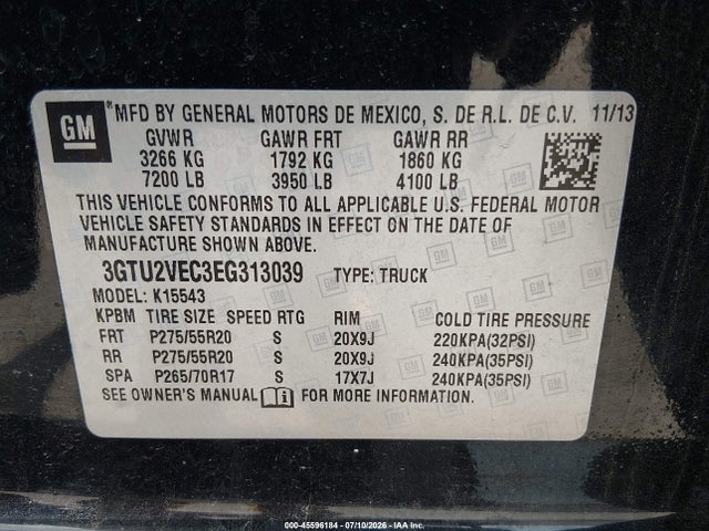 2014 Gmc Sierra 1500 Slt მანქანა იყიდება აუქციონზე, vin: 3GTU2VEC3EG313039, აუქციონის ნომერი: 45596184
