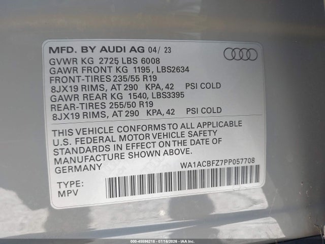 45596218 :رقم المزاد ، WA1ACBFZ7PP057708 vin ، 2023 Audi Q4 E-tron Premium 40 Rwd مزاد بيع