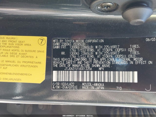 45596231 :رقم المزاد ، JTJGA31U140013356 vin ، 2004 Lexus Rx 330 مزاد بيع