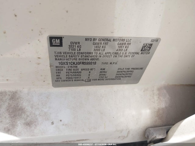 Aukcja sprzedaży 2015 Gmc Yukon Denali, vin: 1GKS1CKJ0FR599018, numer aukcji: 45596237