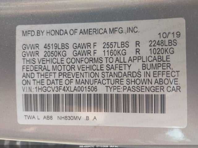 1HGCV3F4XLA001506 Honda Accord Hybrid Ex