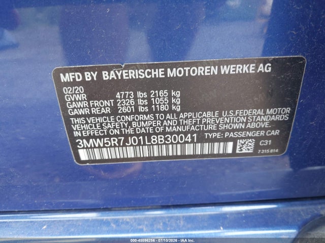 Aukcja sprzedaży 2020 Bmw 330i Xdrive, vin: 3MW5R7J01L8B30041, numer aukcji: 45596256
