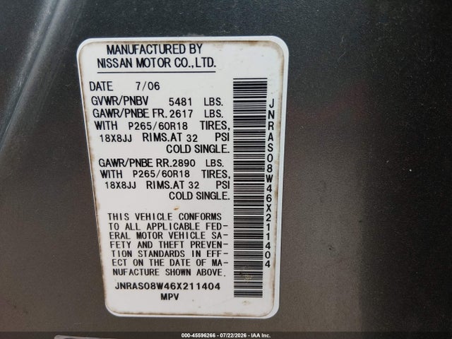 2006 Infiniti Fx35 მანქანა იყიდება აუქციონზე, vin: JNRAS08W46X211404, აუქციონის ნომერი: 45596266