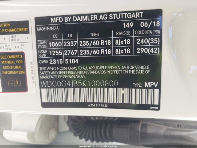 45596272 :رقم المزاد ، WDC0G4JB5K1000800 vin ، 2019 Mercedes-benz Glc 300 مزاد بيع