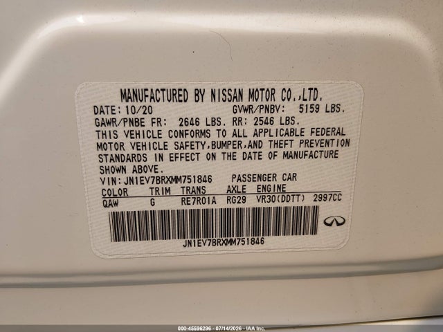 Aukcja sprzedaży 2021 Infiniti Q50 Luxe Awd, vin: JN1EV7BRXMM751846, numer aukcji: 45596296