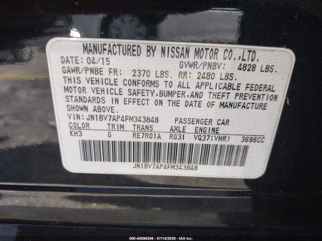 2015 Infiniti Q50 Premium/sport მანქანა იყიდება აუქციონზე, vin: JN1BV7AP4FM343848, აუქციონის ნომერი: 45596306