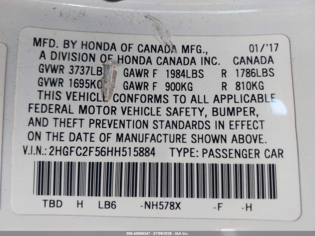 2017 Honda Civic Lx მანქანა იყიდება აუქციონზე, vin: 2HGFC2F56HH515884, აუქციონის ნომერი: 45596347