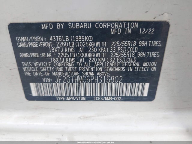 Продаж на аукціоні авто 2023 Subaru Crosstrek Limited, vin: JF2GTHMC6PH316802, номер лоту: 45596355