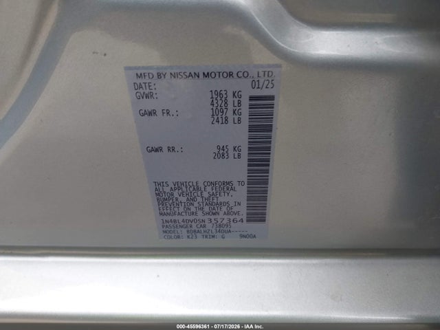 2025 Nissan Altima Sv Fwd მანქანა იყიდება აუქციონზე, vin: 1N4BL4DV0SN357364, აუქციონის ნომერი: 45596361