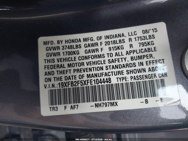 Aukcja sprzedaży 2015 Honda Civic Lx, vin: 19XFB2F5XFE104448, numer aukcji: 45596371
