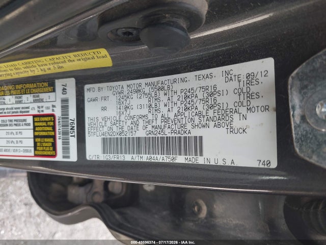 2013 Toyota Tacoma Base V6 მანქანა იყიდება აუქციონზე, vin: 5TFLU4EN2DX052157, აუქციონის ნომერი: 45596374