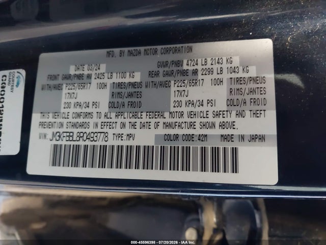 45596398 :رقم المزاد ، JM3KFBBL8R0493778 vin ، 2024 Mazda Cx-5 2.5 S Select مزاد بيع
