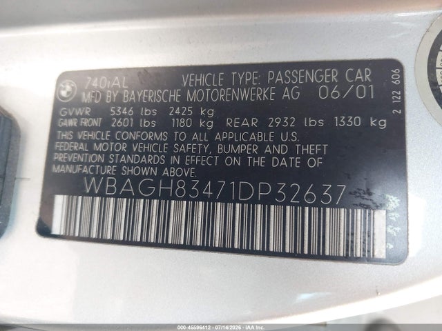 Продаж на аукціоні авто 2001 Bmw 740il, vin: WBAGH83471DP32637, номер лоту: 45596412