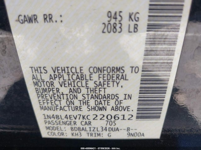 Nissan Altima 2.5 Sl 2019 1N4BL4EV7KC220612 Image 9