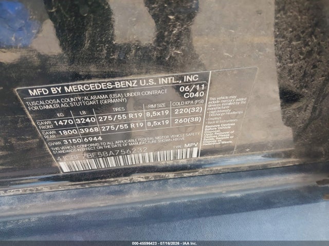 45596423 :رقم المزاد ، 4JGBF7BE5BA756232 vin ، 2011 Mercedes-benz Gl 450 4matic مزاد بيع