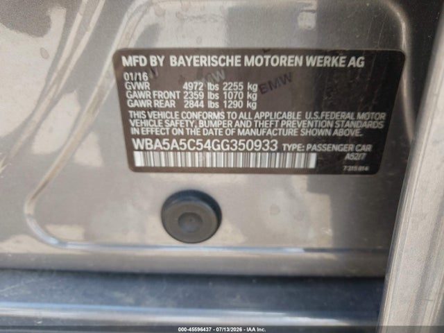 2016 Bmw 528i მანქანა იყიდება აუქციონზე, vin: WBA5A5C54GG350933, აუქციონის ნომერი: 45596437