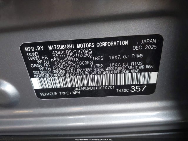 Auction sale of the 2026 Mitsubishi Outlander Sport 2.0 Es/2.0 Le/2.0 Ralliart/2.0 S/2.0 Se/2.0 Trail Edition, vin: JA4ARUAU9TU010701, lot number: 45596453