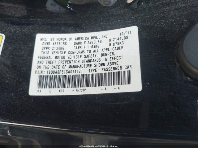 45596476 :رقم المزاد ، 19UUA8F51CA014571 vin ، 2012 Acura Tl 3.5 مزاد بيع