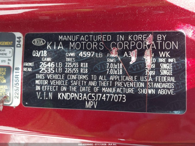 Продажа на аукционе авто 2018 Kia Sportage Ex, vin: KNDPN3AC5J7477073, номер лота: 45596492