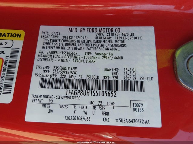 45596497 :رقم المزاد ، 1FAGP8UH1S5105652 vin ، 2025 Ford Mustang Ecoboost Premium مزاد بيع