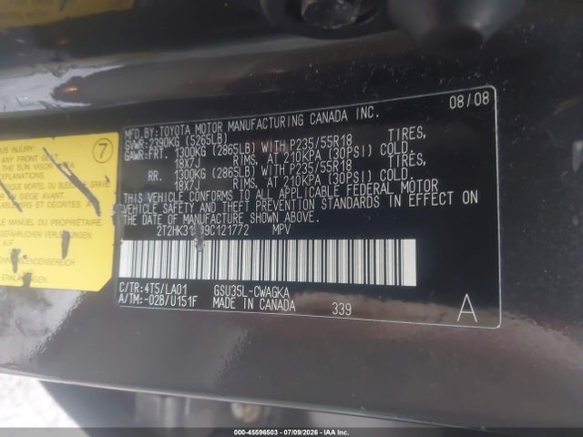 Продаж на аукціоні авто 2009 Lexus Rx 350, vin: 2T2HK31U09C121772, номер лоту: 45596503