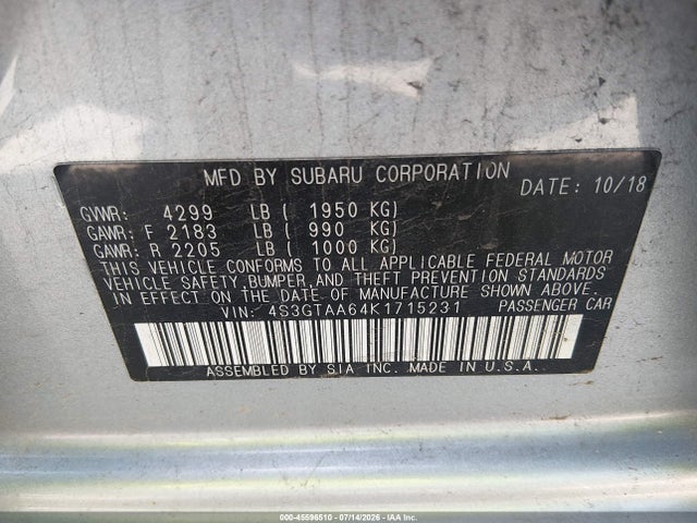 Продаж на аукціоні авто 2019 Subaru Impreza 2.0i, vin: 4S3GTAA64K1715231, номер лоту: 45596510