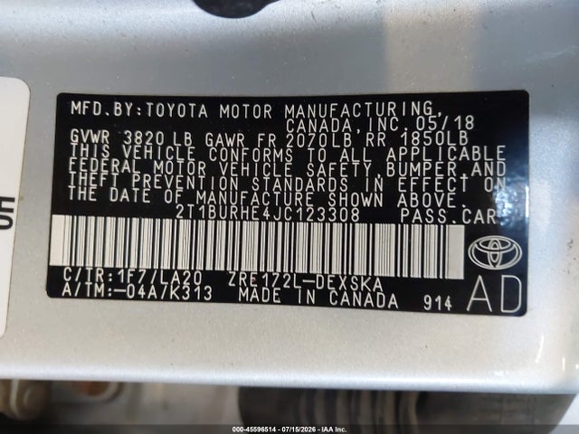 Продажа на аукционе авто 2018 Toyota Corolla Xse, vin: 2T1BURHE4JC123308, номер лота: 45596514