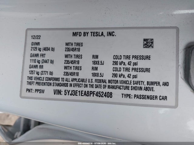 Aukcja sprzedaży 2023 Tesla Model 3 Rear-wheel Drive, vin: 5YJ3E1EA8PF452408, numer aukcji: 45596516